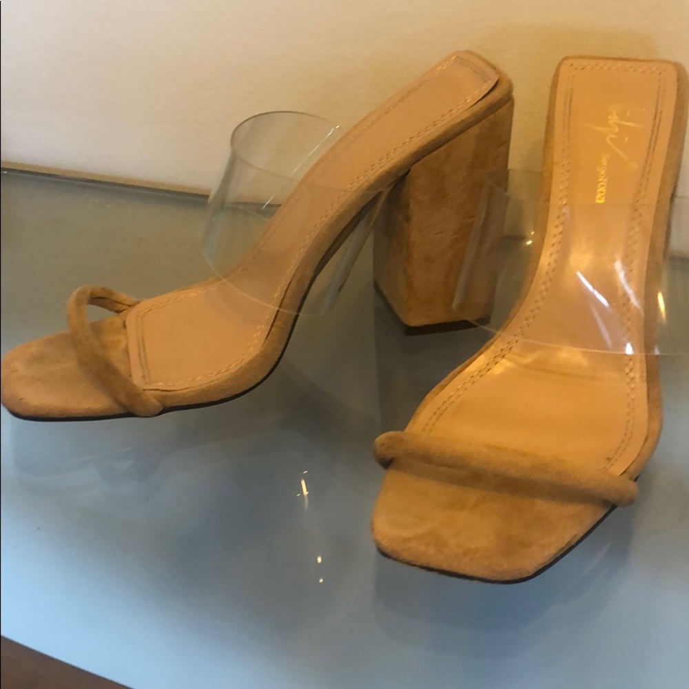 Nude block heel with clear strap